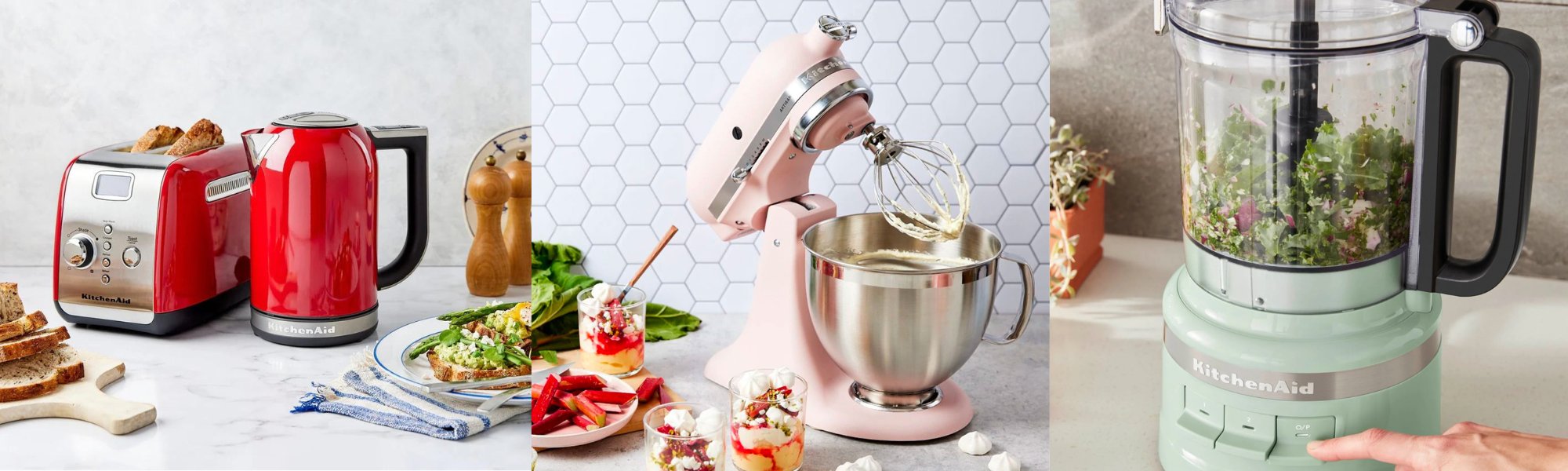 KitchenAid's iconic Empire Red collection featuring food processor, stand mixer, blender, toaster and kettle.