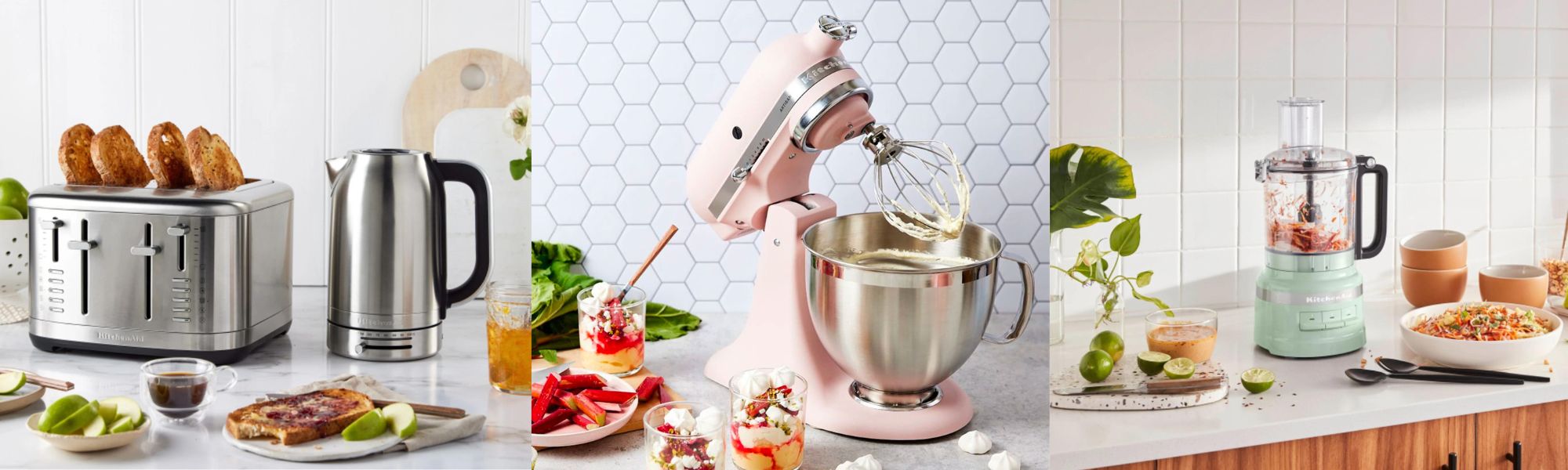 KitchenAid's iconic Empire Red collection featuring food processor, stand mixer, blender, toaster and kettle.