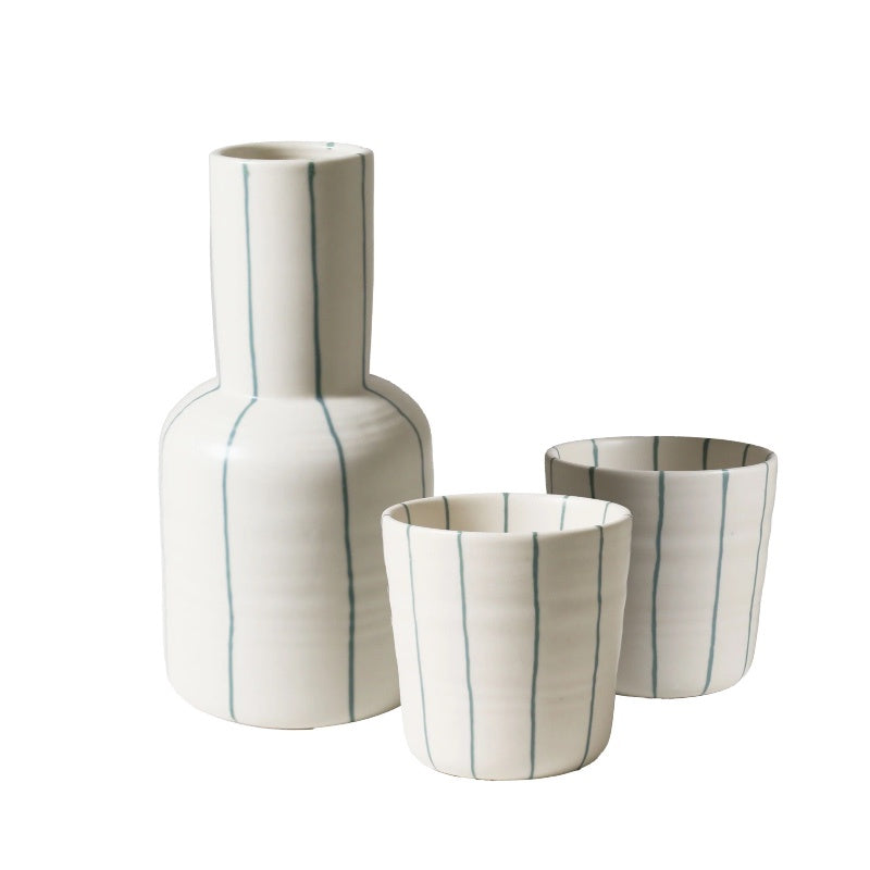 Coastal Junction Carafe & 2 Cup Set Cream with Green Stripe