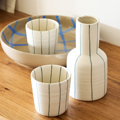 Coastal Junction Carafe & 2 Cup Set Cream with Green Stripe