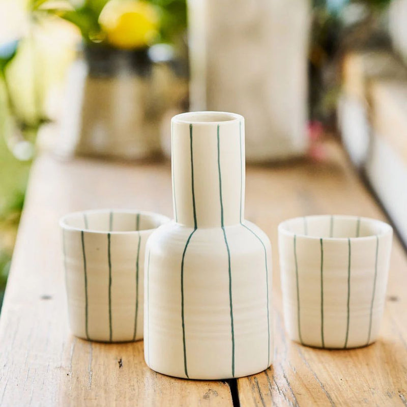 Coastal Junction Carafe & 2 Cup Set Cream with Green Stripe