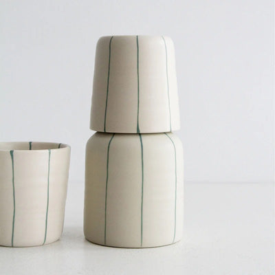 Coastal Junction Carafe & 2 Cup Set Cream with Green Stripe