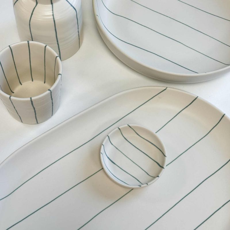 Coastal Junction Oval Tray Cream with Green Stripe