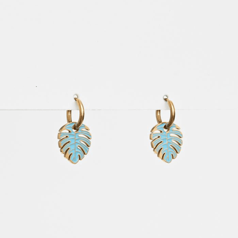 Earring Enamel Monstera Blue