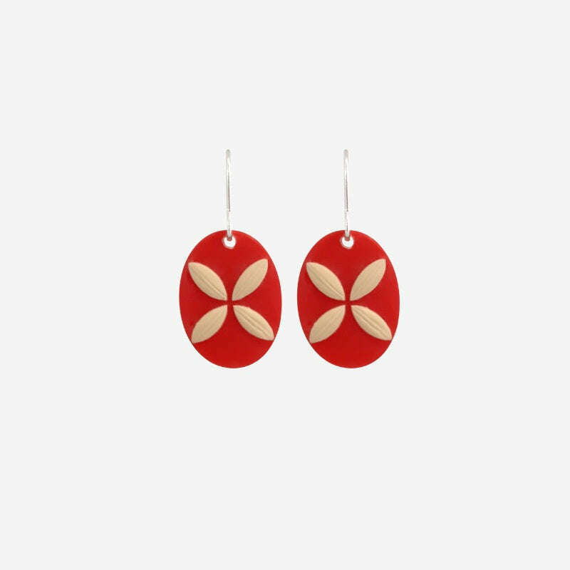 Earrings - Tapa Flower Small Oval (Red)