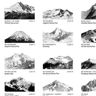 NZ Peaks A3 (Black & White)