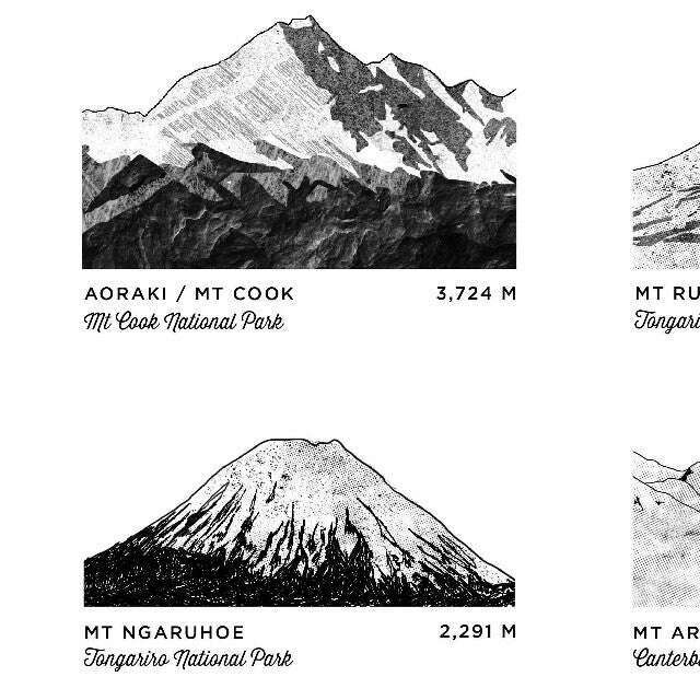 NZ Peaks A3 (Black & White)