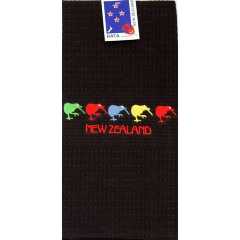 Tea Towel 5 Kiwis Embroidered Black